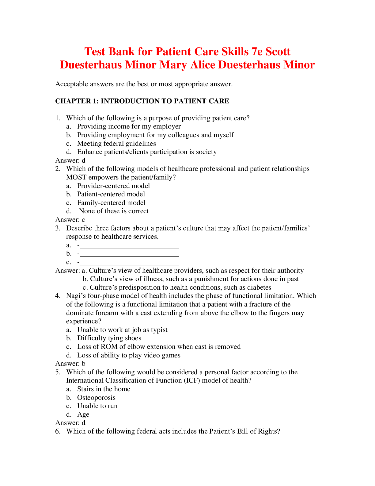 Preview of Patient Care Skills 7e Scott Duesterhaus Minor Mary Alice Duesterhaus Minor (Test Bank)